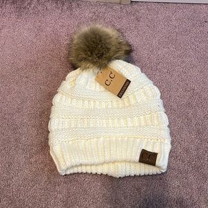 ❌SOLD❌ NWT C.C Knitted Ivory Beanie with Faux Fur Pom